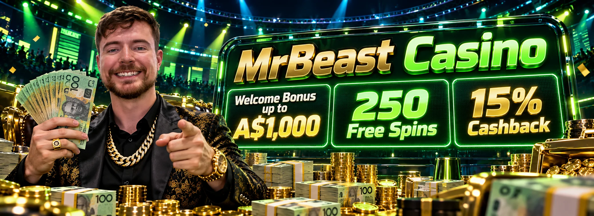 MrBeast Casino welcome bonus banner - 200% up to A$1,000 plus 250 free spins on Gates of Olympus